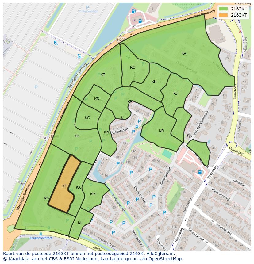 Afbeelding van het postcodegebied 2163 KT op de kaart.
