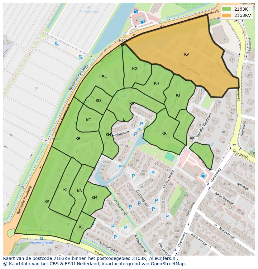 Afbeelding van het postcodegebied 2163 KV op de kaart.