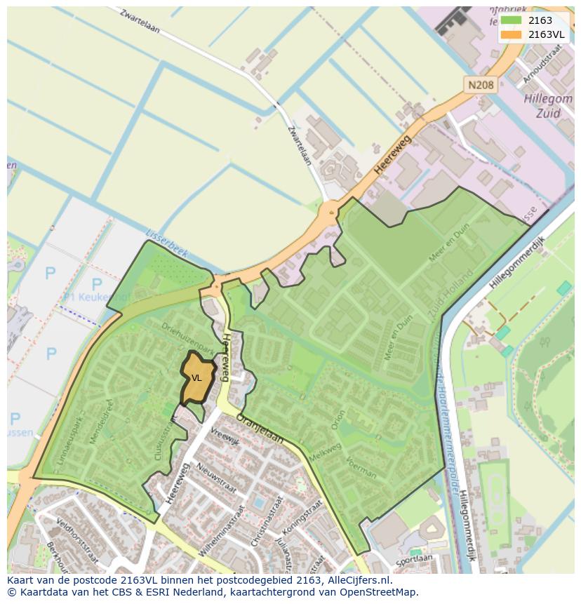 Afbeelding van het postcodegebied 2163 VL op de kaart.