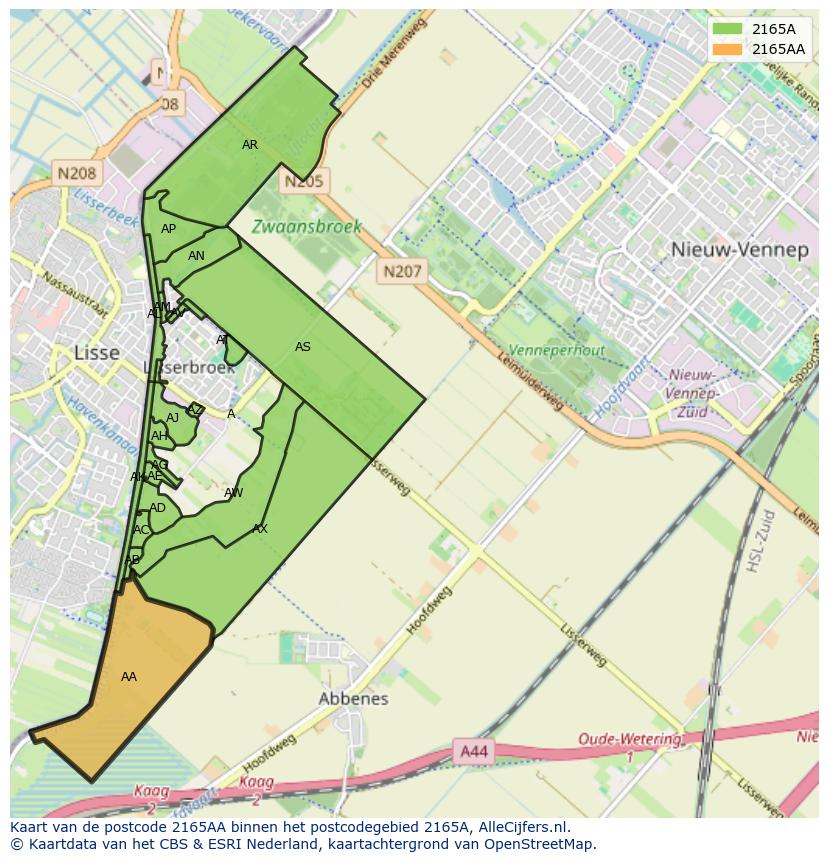 Afbeelding van het postcodegebied 2165 AA op de kaart.