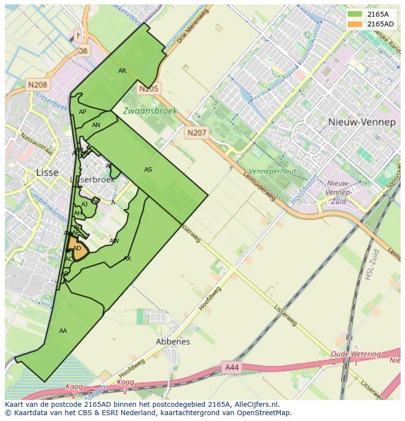 Afbeelding van het postcodegebied 2165 AD op de kaart.