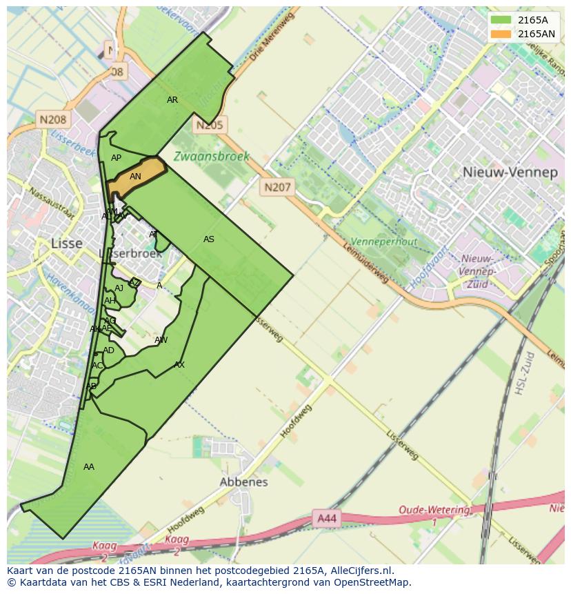 Afbeelding van het postcodegebied 2165 AN op de kaart.