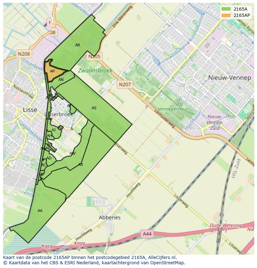 Afbeelding van het postcodegebied 2165 AP op de kaart.