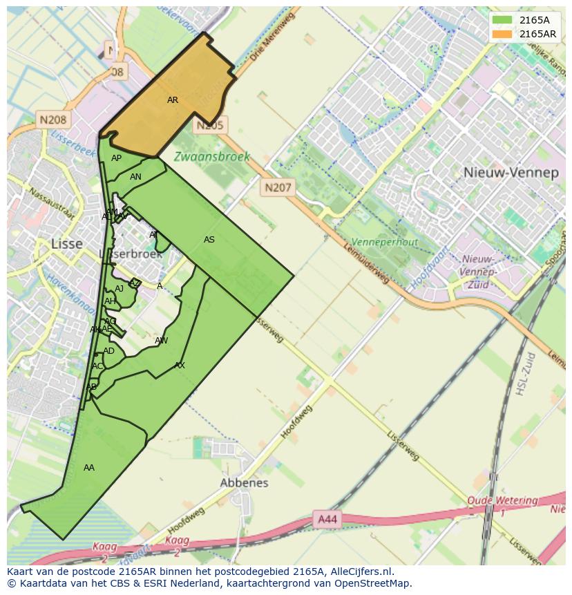 Afbeelding van het postcodegebied 2165 AR op de kaart.