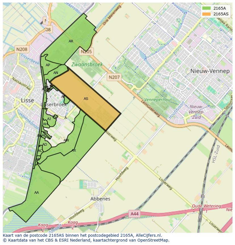 Afbeelding van het postcodegebied 2165 AS op de kaart.