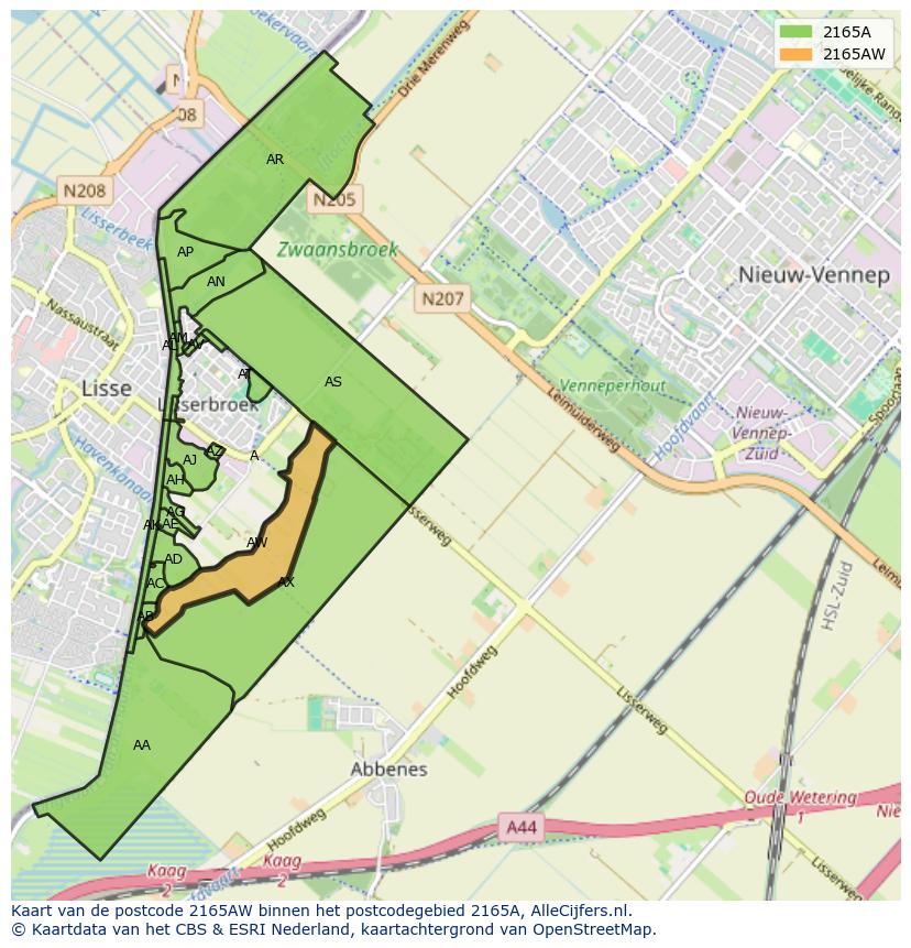 Afbeelding van het postcodegebied 2165 AW op de kaart.