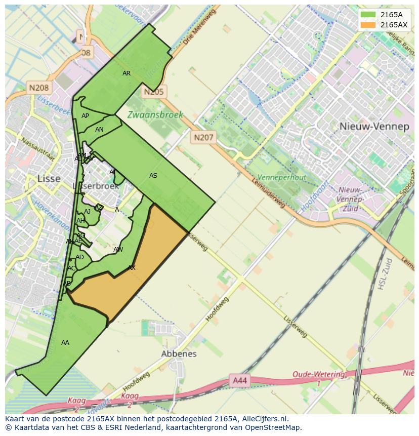 Afbeelding van het postcodegebied 2165 AX op de kaart.
