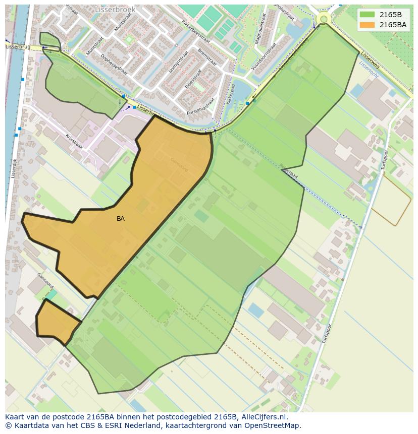 Afbeelding van het postcodegebied 2165 BA op de kaart.
