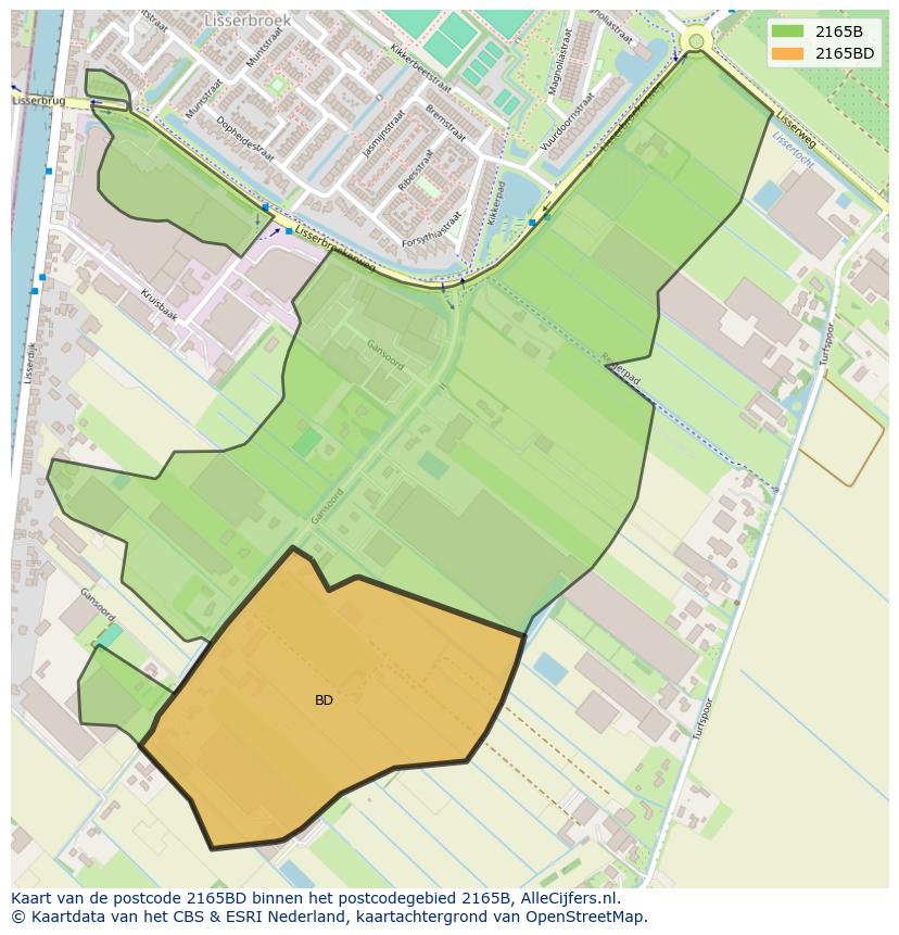 Afbeelding van het postcodegebied 2165 BD op de kaart.