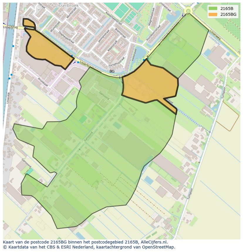 Afbeelding van het postcodegebied 2165 BG op de kaart.