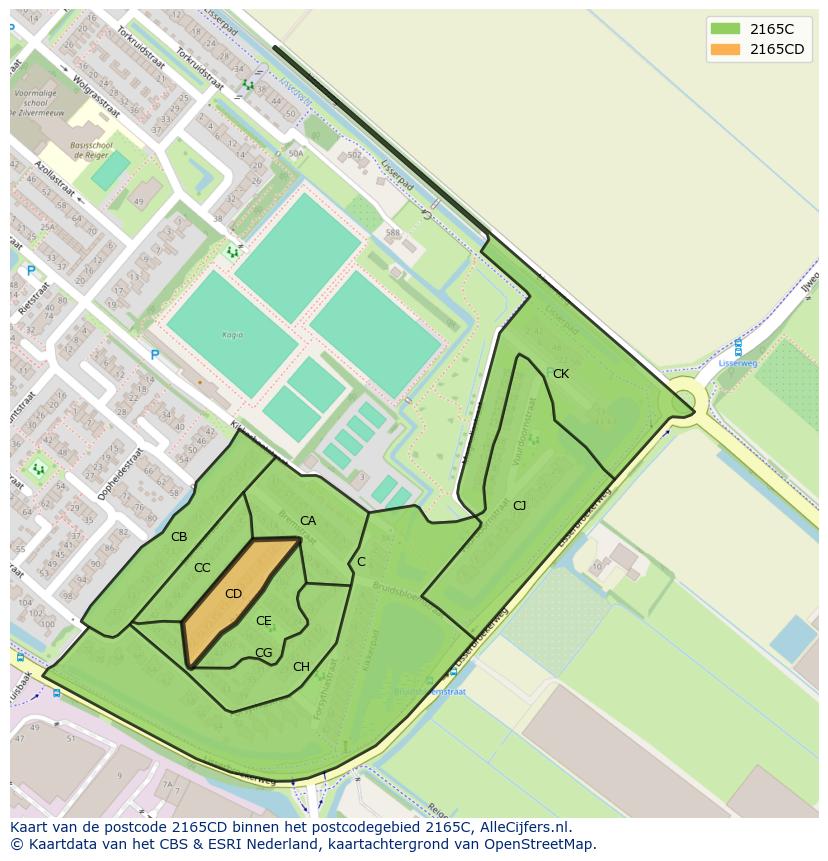 Afbeelding van het postcodegebied 2165 CD op de kaart.