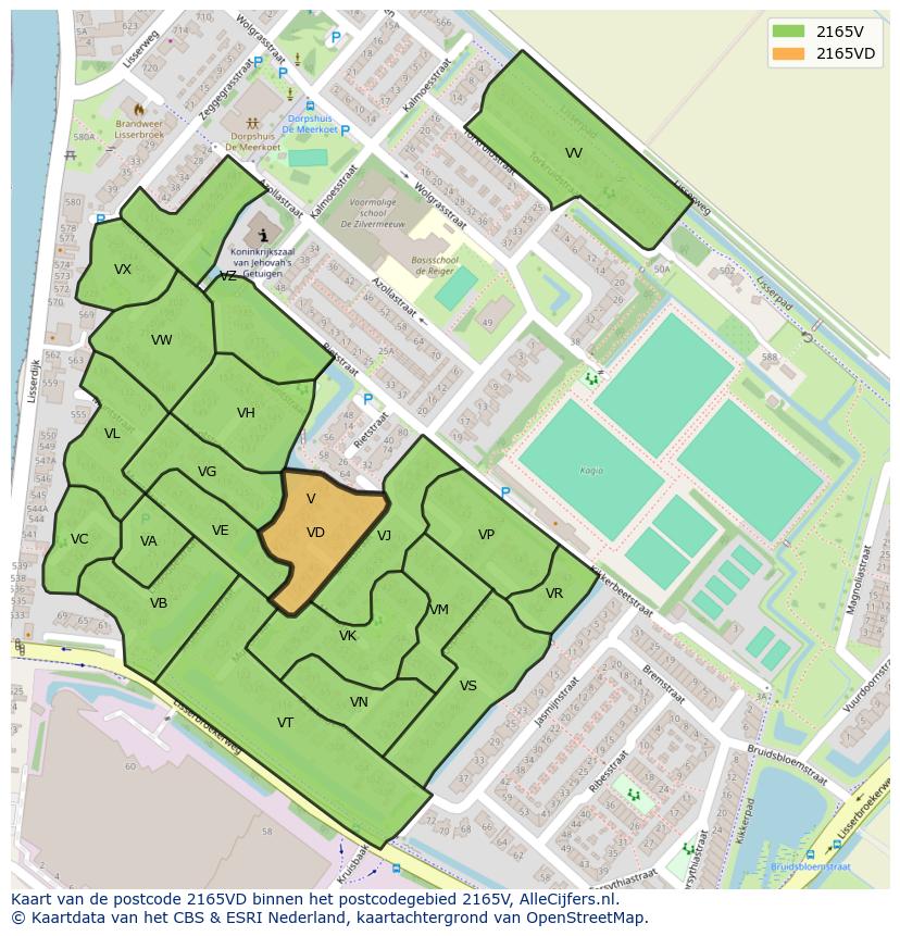 Afbeelding van het postcodegebied 2165 VD op de kaart.