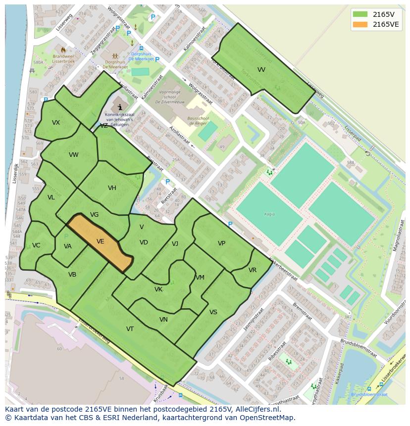 Afbeelding van het postcodegebied 2165 VE op de kaart.