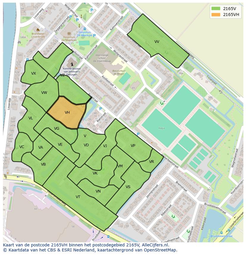 Afbeelding van het postcodegebied 2165 VH op de kaart.