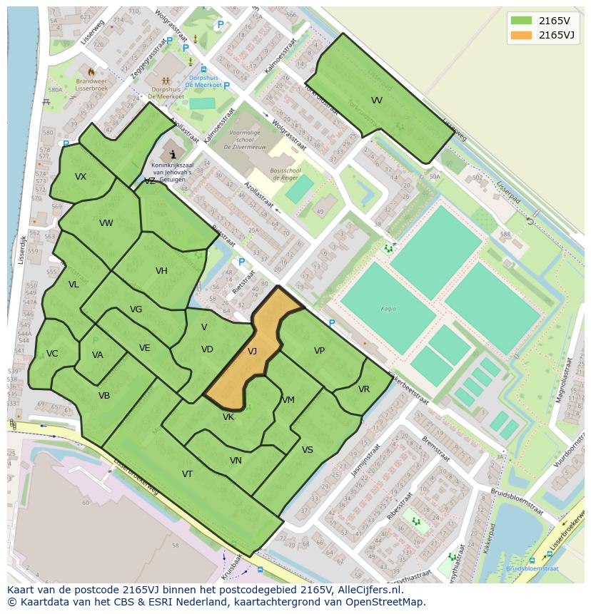 Afbeelding van het postcodegebied 2165 VJ op de kaart.