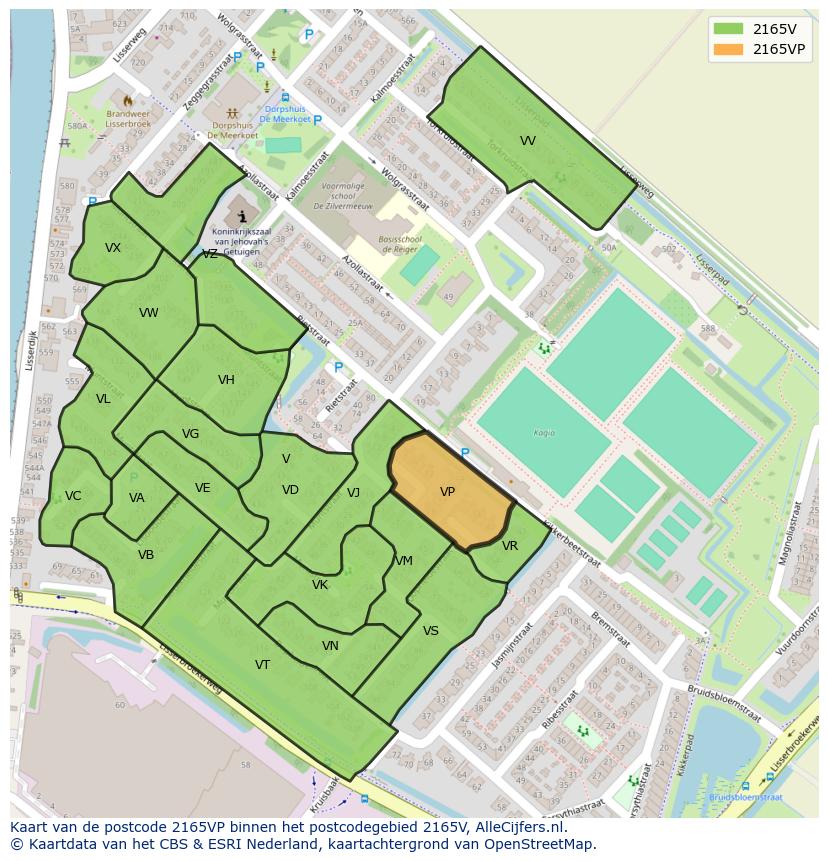 Afbeelding van het postcodegebied 2165 VP op de kaart.