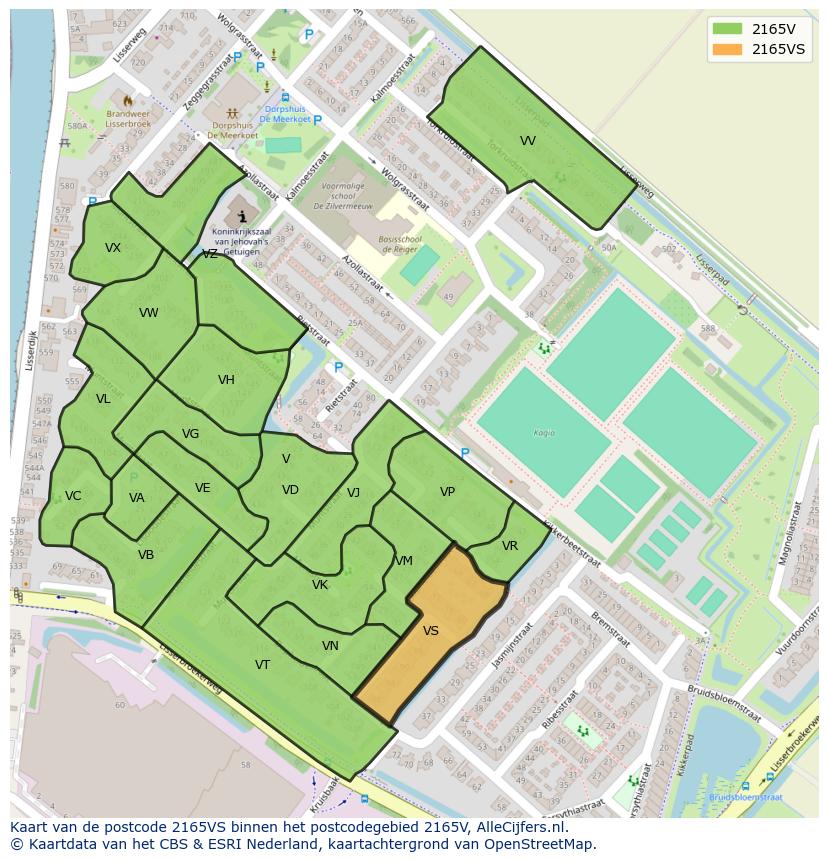 Afbeelding van het postcodegebied 2165 VS op de kaart.