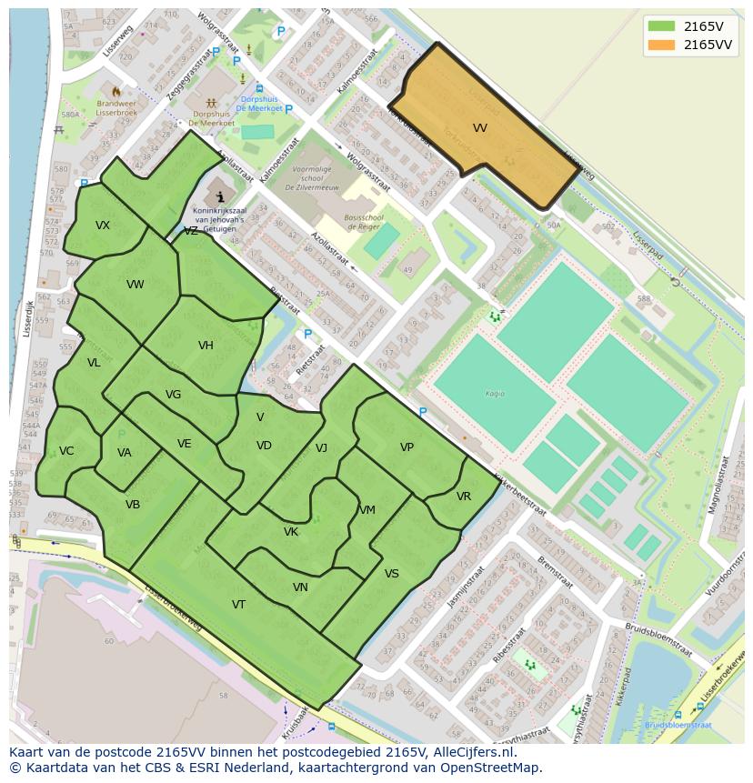 Afbeelding van het postcodegebied 2165 VV op de kaart.