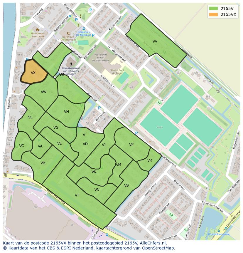 Afbeelding van het postcodegebied 2165 VX op de kaart.
