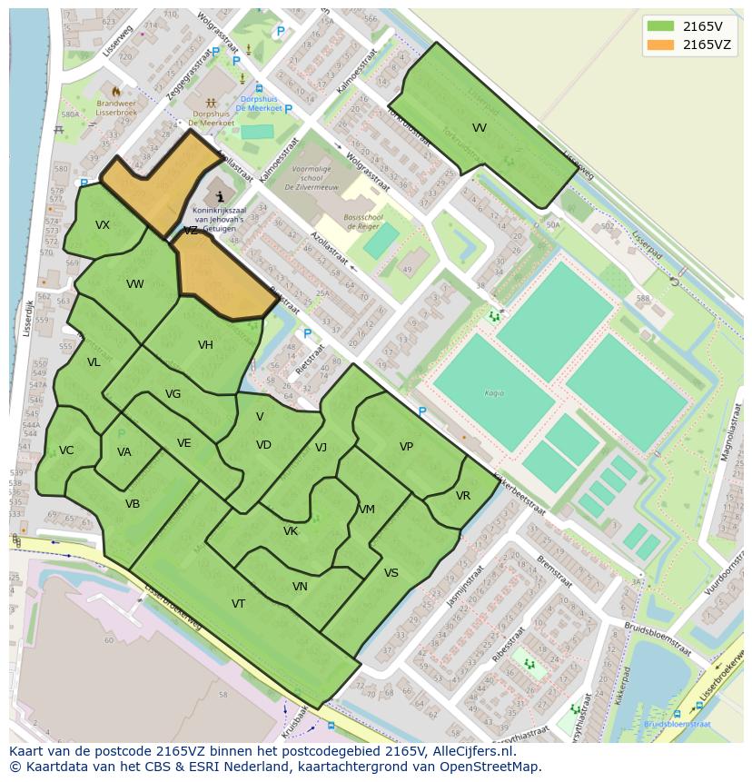 Afbeelding van het postcodegebied 2165 VZ op de kaart.