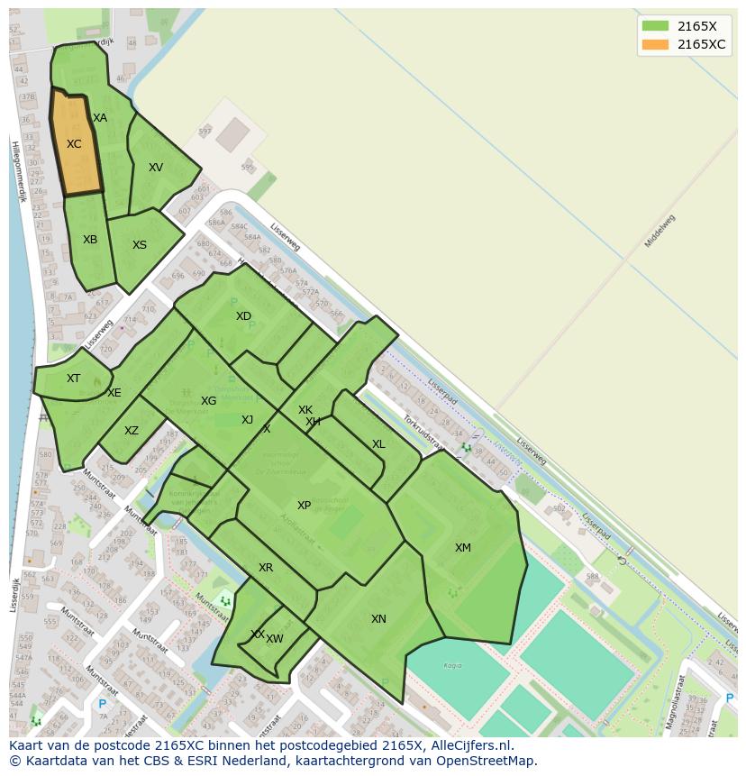 Afbeelding van het postcodegebied 2165 XC op de kaart.
