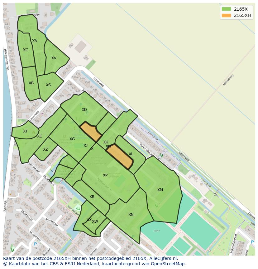 Afbeelding van het postcodegebied 2165 XH op de kaart.