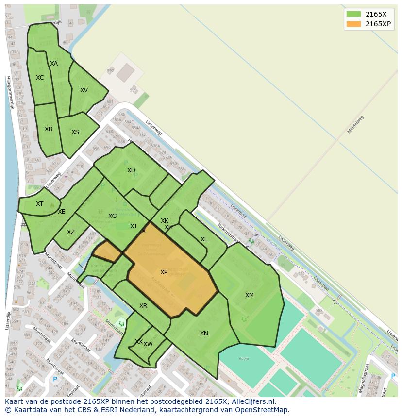 Afbeelding van het postcodegebied 2165 XP op de kaart.