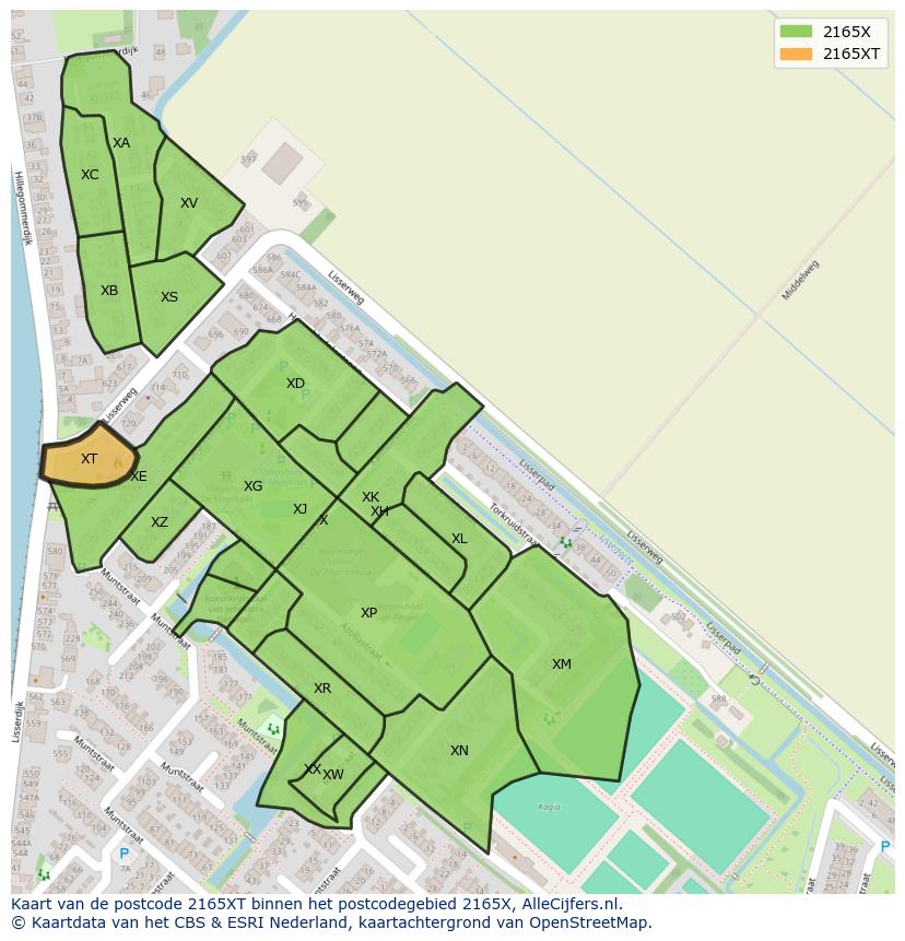Afbeelding van het postcodegebied 2165 XT op de kaart.