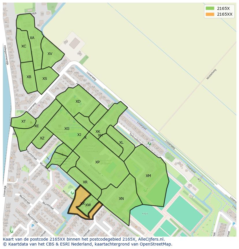 Afbeelding van het postcodegebied 2165 XX op de kaart.