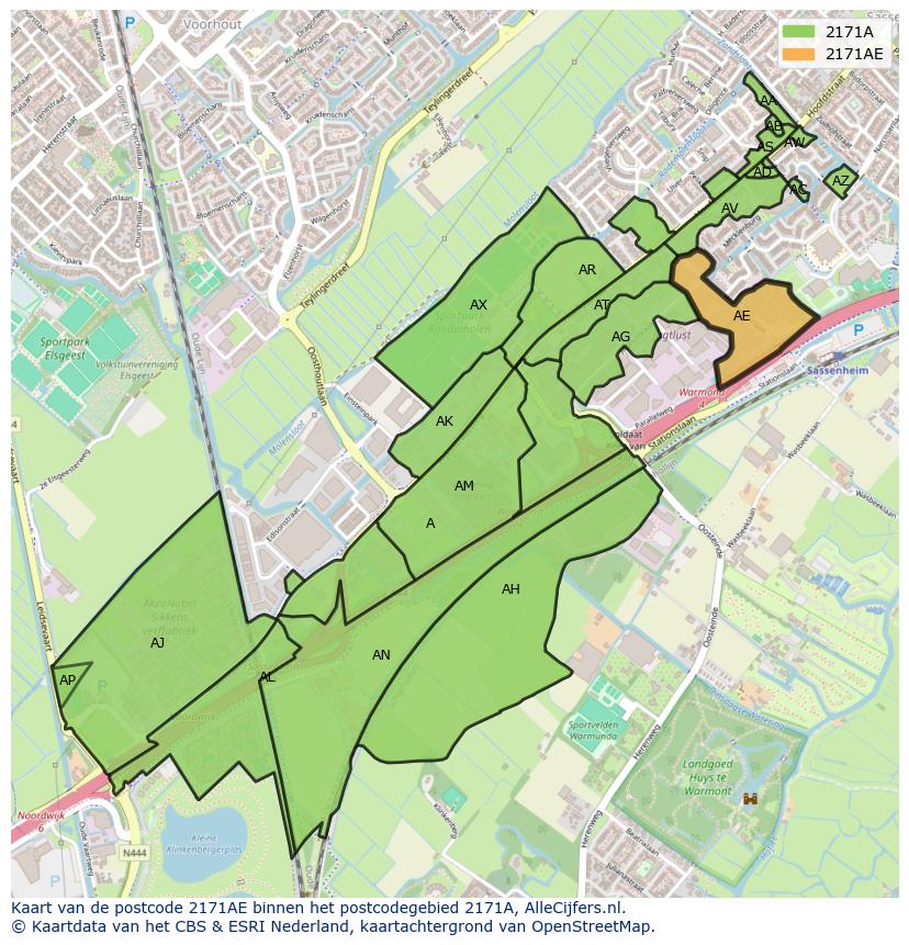 Afbeelding van het postcodegebied 2171 AE op de kaart.