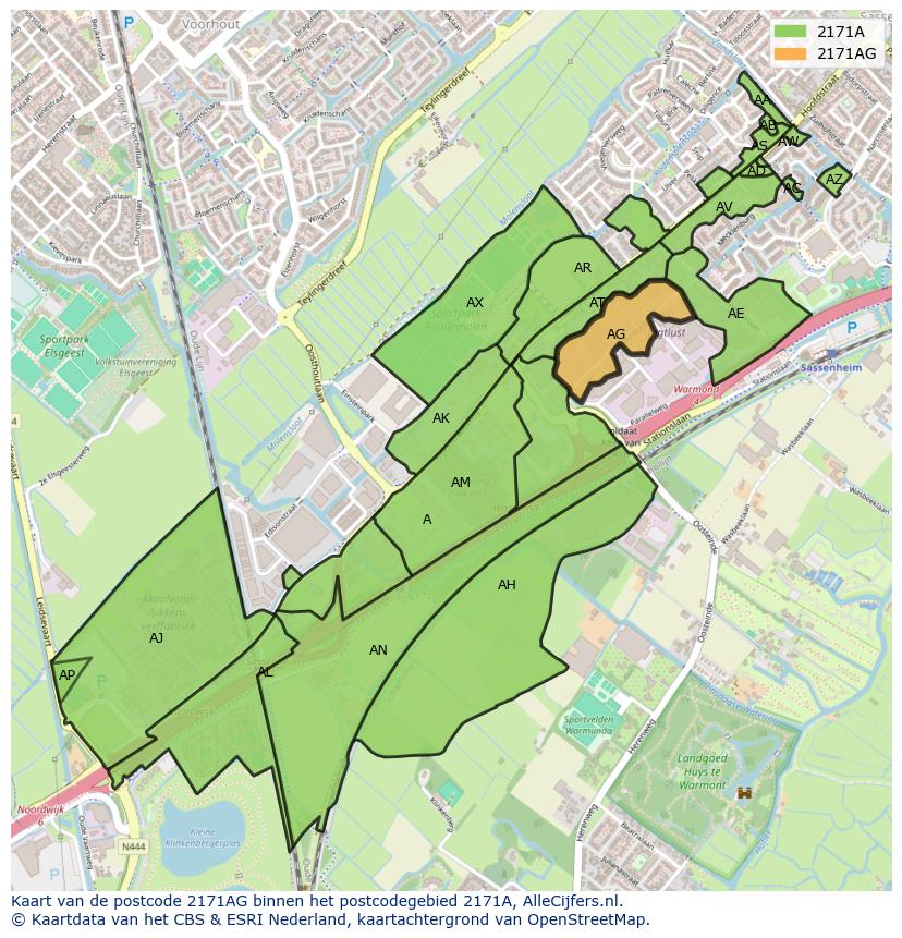 Afbeelding van het postcodegebied 2171 AG op de kaart.