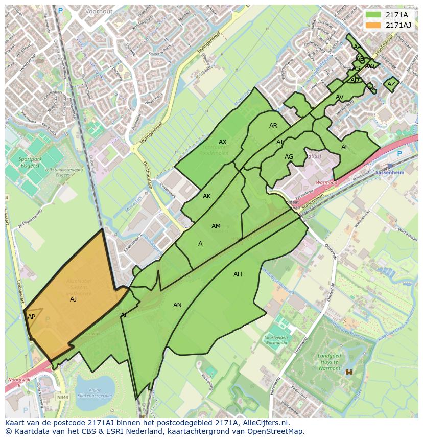 Afbeelding van het postcodegebied 2171 AJ op de kaart.