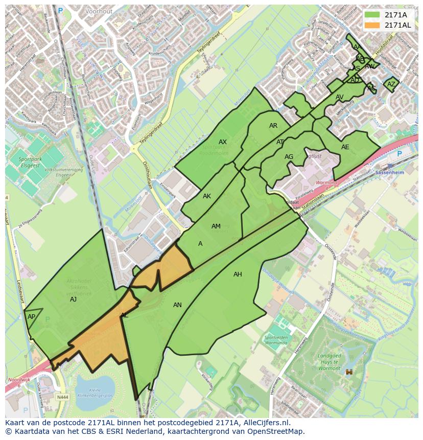 Afbeelding van het postcodegebied 2171 AL op de kaart.