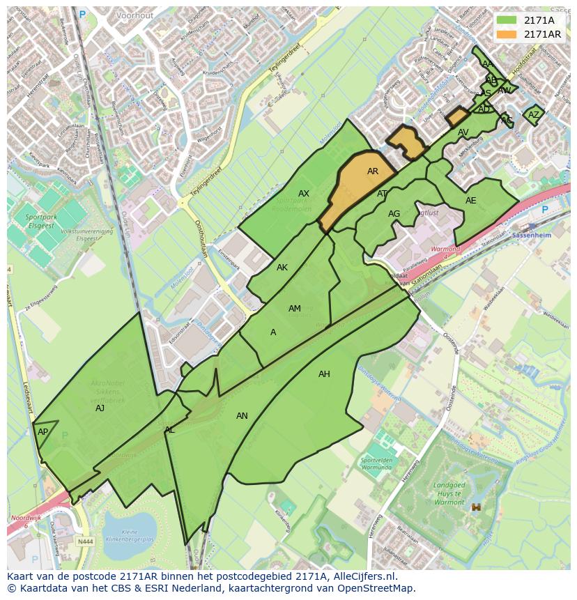 Afbeelding van het postcodegebied 2171 AR op de kaart.