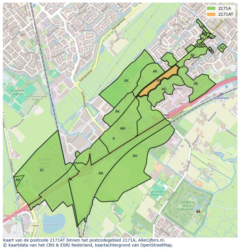Afbeelding van het postcodegebied 2171 AT op de kaart.
