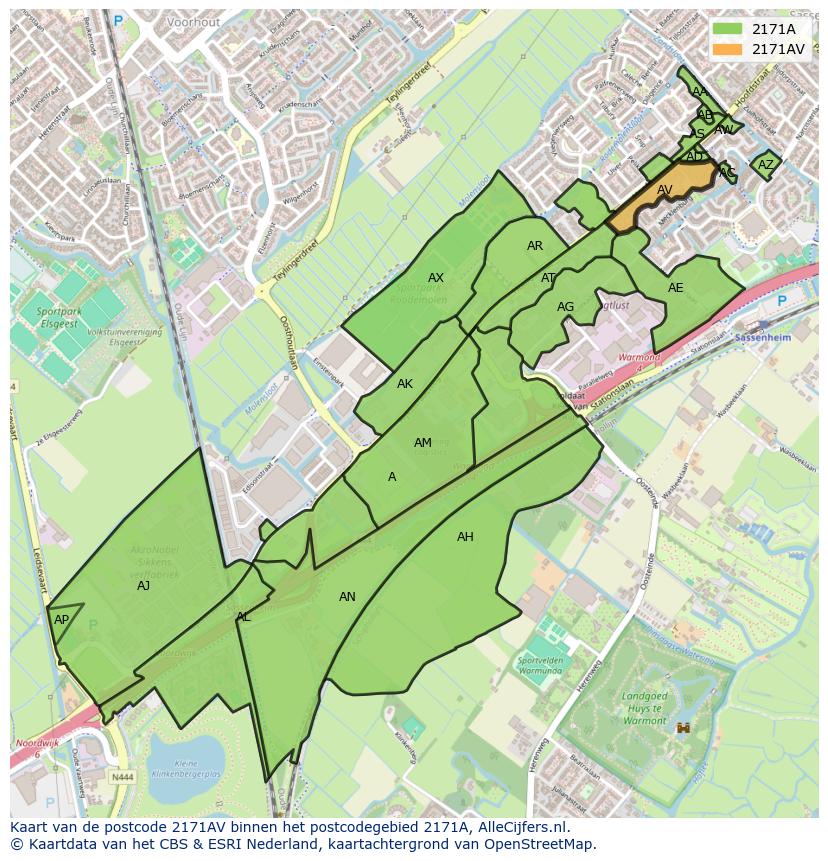 Afbeelding van het postcodegebied 2171 AV op de kaart.