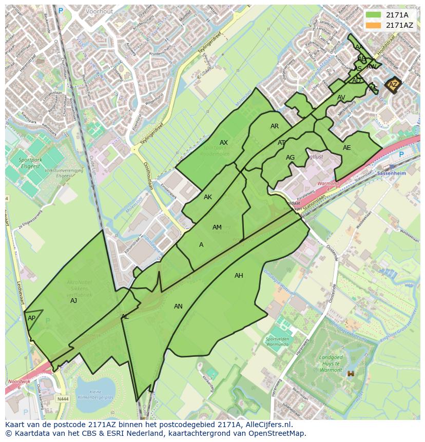 Afbeelding van het postcodegebied 2171 AZ op de kaart.