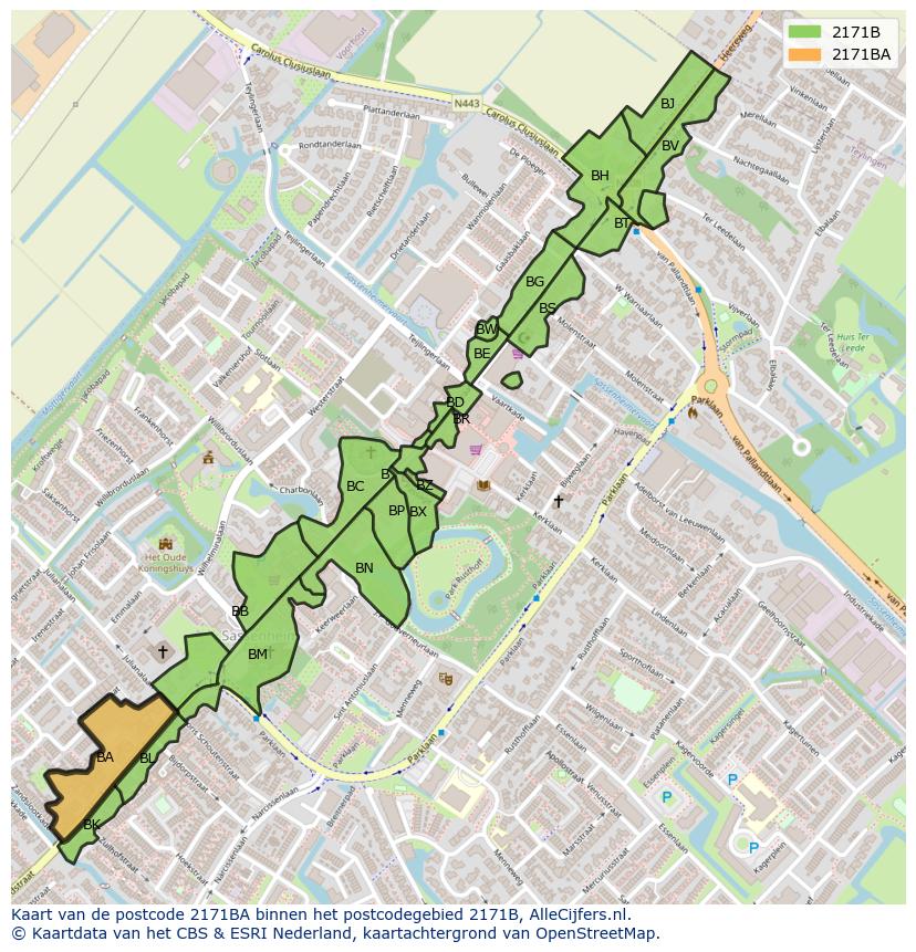 Afbeelding van het postcodegebied 2171 BA op de kaart.