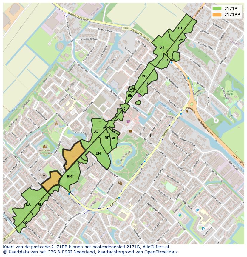 Afbeelding van het postcodegebied 2171 BB op de kaart.
