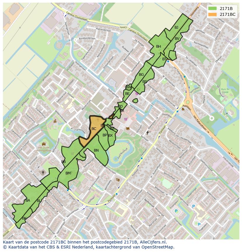 Afbeelding van het postcodegebied 2171 BC op de kaart.