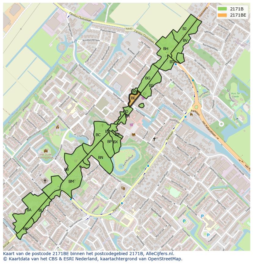 Afbeelding van het postcodegebied 2171 BE op de kaart.