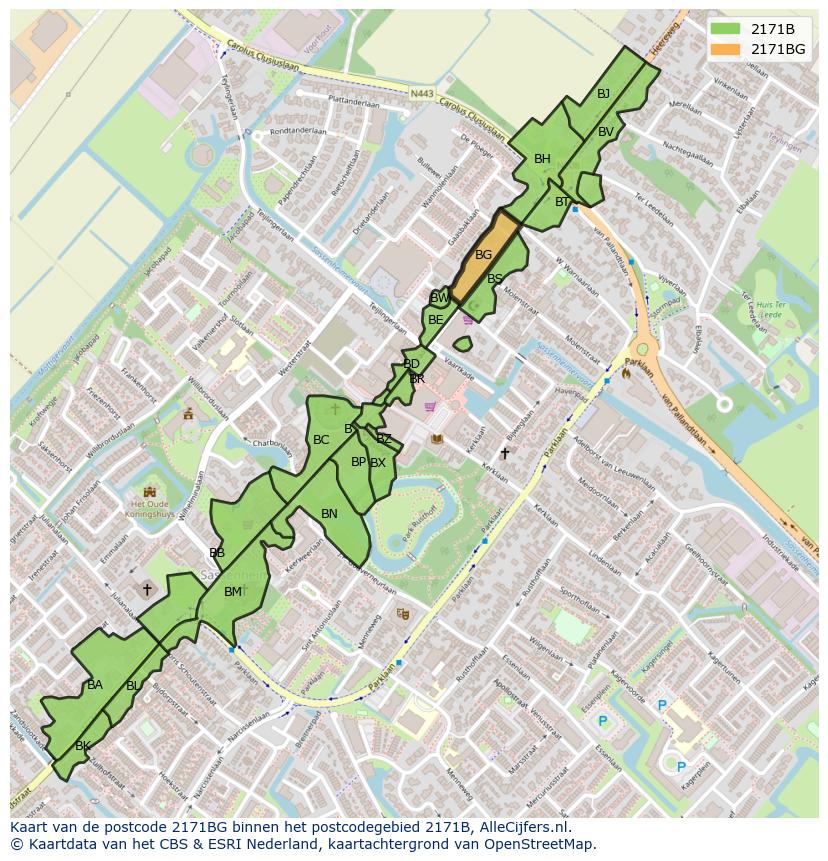 Afbeelding van het postcodegebied 2171 BG op de kaart.