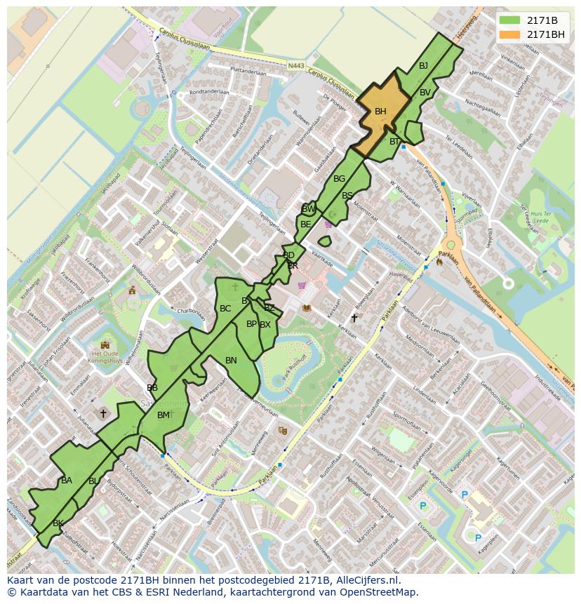 Afbeelding van het postcodegebied 2171 BH op de kaart.