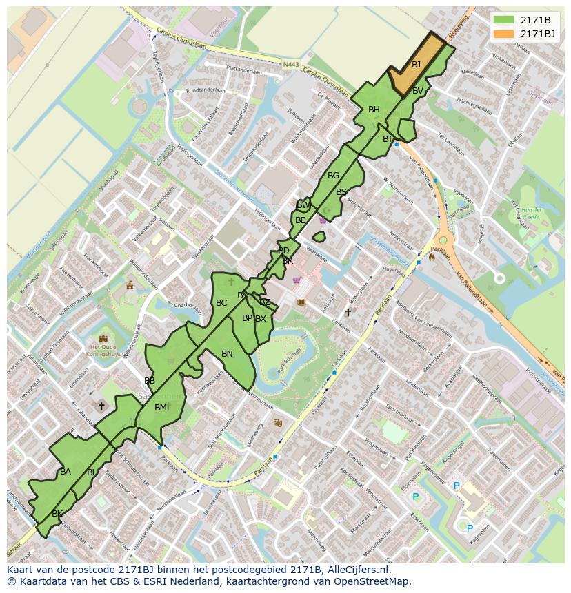 Afbeelding van het postcodegebied 2171 BJ op de kaart.