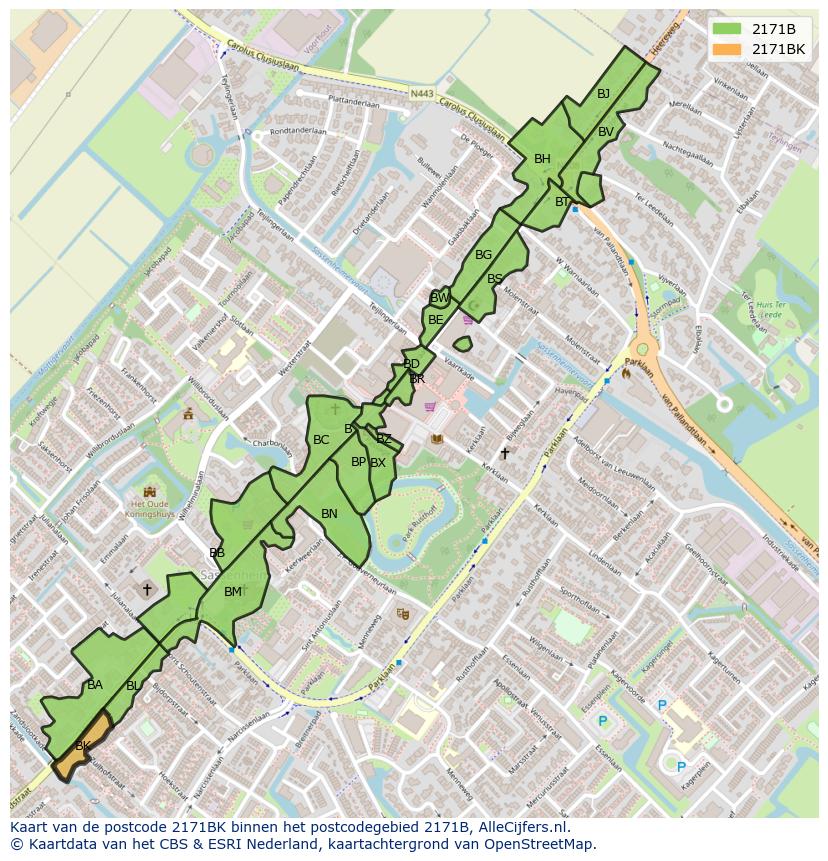 Afbeelding van het postcodegebied 2171 BK op de kaart.