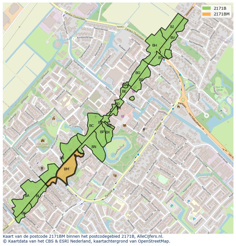 Afbeelding van het postcodegebied 2171 BM op de kaart.