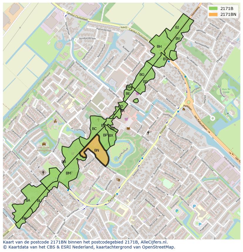 Afbeelding van het postcodegebied 2171 BN op de kaart.