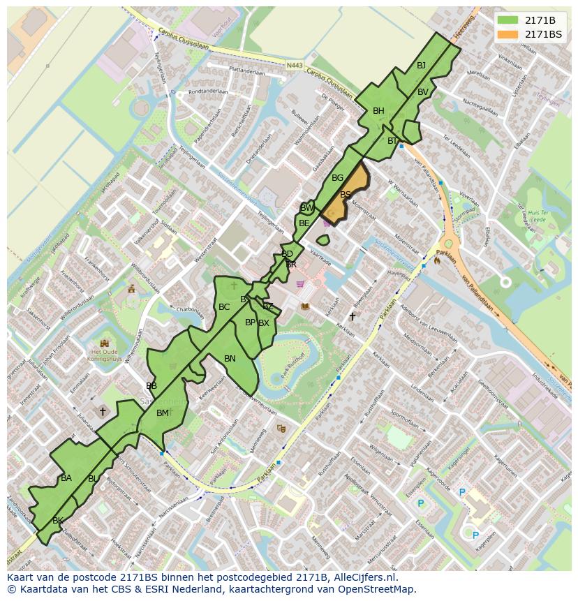Afbeelding van het postcodegebied 2171 BS op de kaart.