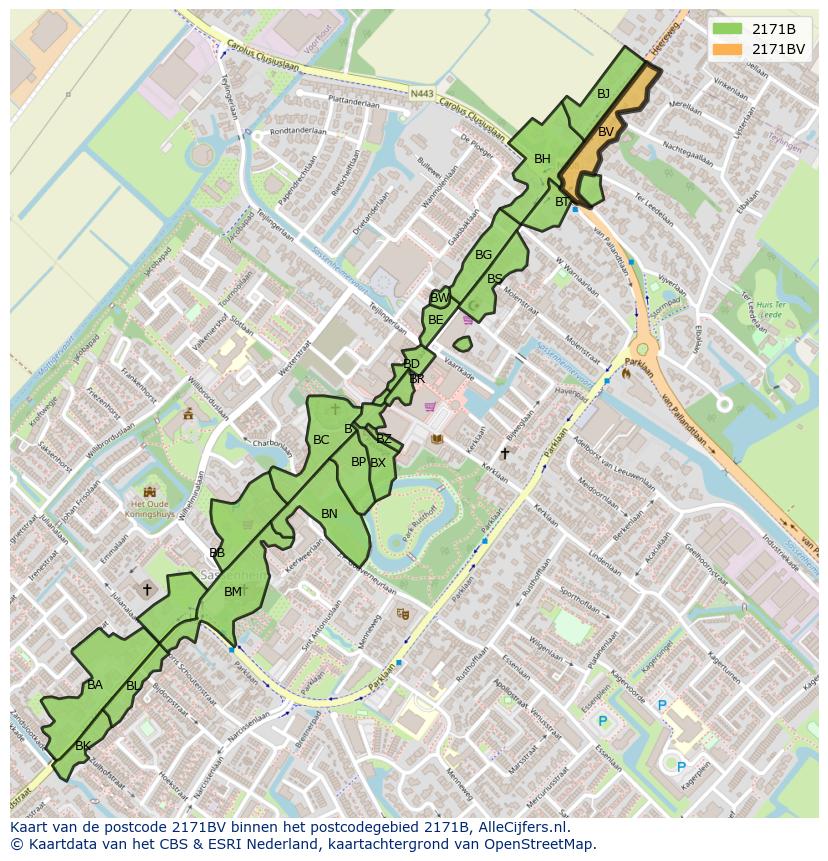 Afbeelding van het postcodegebied 2171 BV op de kaart.
