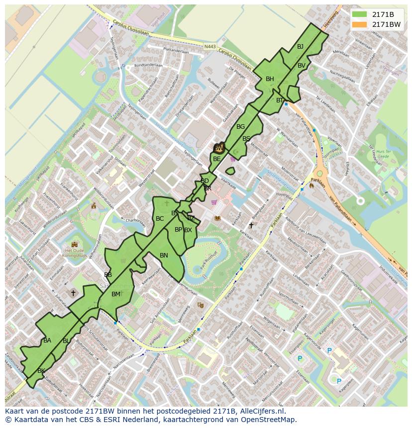 Afbeelding van het postcodegebied 2171 BW op de kaart.